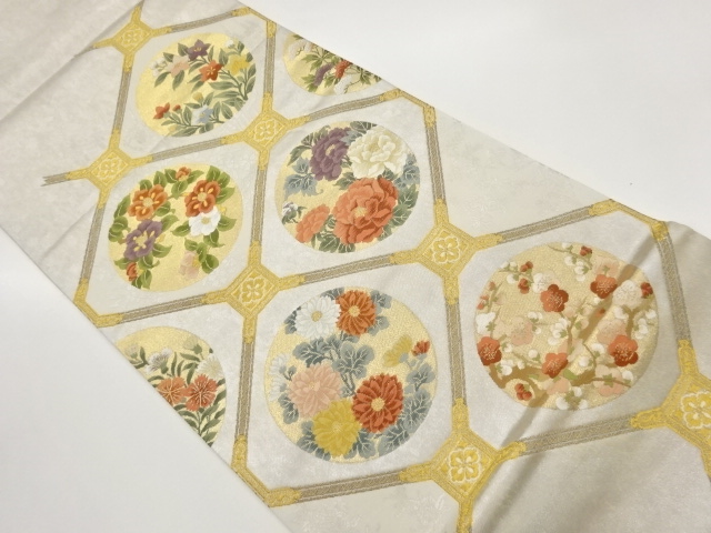 JAPANESE KIMONO / FUKURO OBI / SILK / WOVEN FLOWERS & ROUNDEL CREST